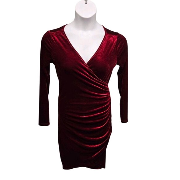 GUBERRY Womens Medium Burgundy Wine Velvet Faux Wrap Bodycon Dress Ruched Side - Picture 2 of 7